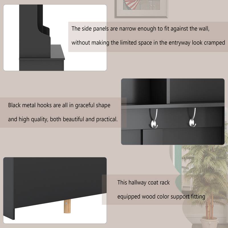 Hallway Coat Rack with Metal Black Hooks, Entryway Bench 60" Wide Hall